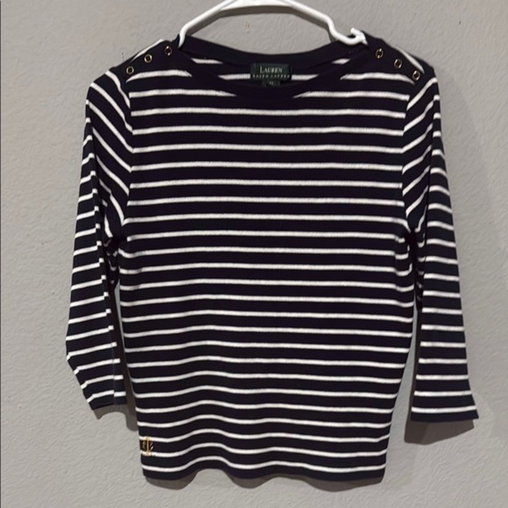 Lauren Ralph Lauren Blue and White Striped Blouse anchor logo nautical